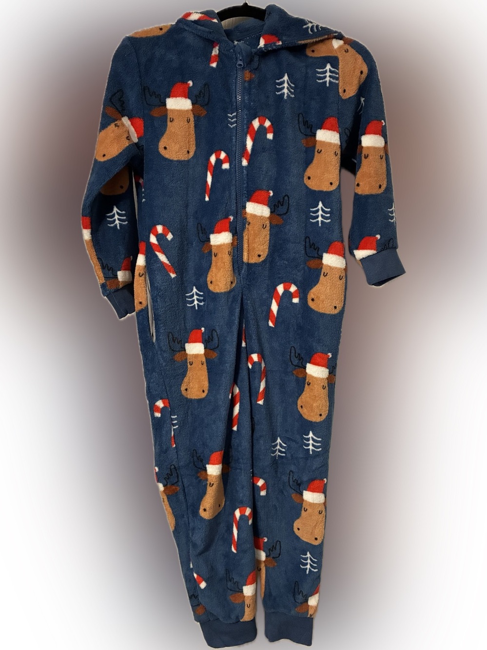 Kids ages 7-9 Navy Blue Holiday Rudolph One-Piece Pajama Hoodie